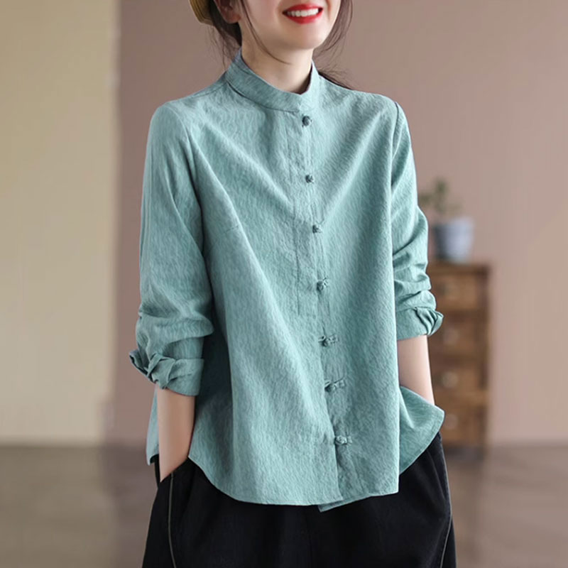 13459746.初云紫衣春秋装 女新中式盘扣开衫长袖提花衬衫宽松显瘦上衣1886