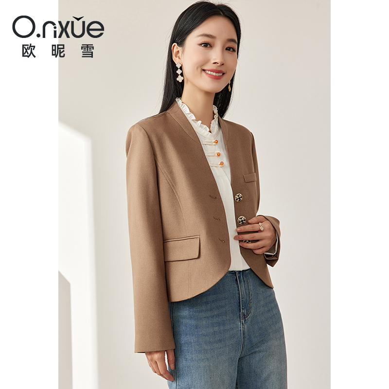 11190149.欧昵雪【时髦都市通勤纯色小西服】优雅简约V领西装外套女