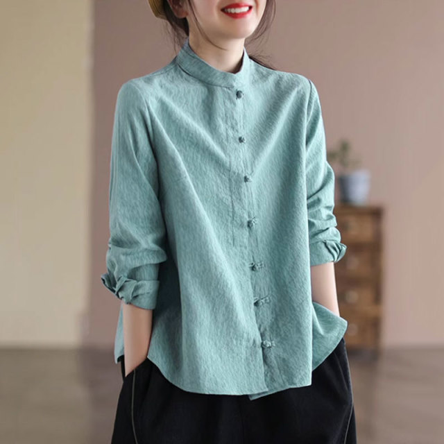 13459746.初云紫衣春秋装 女新中式盘扣开衫长袖提花衬衫宽松显瘦上衣1886