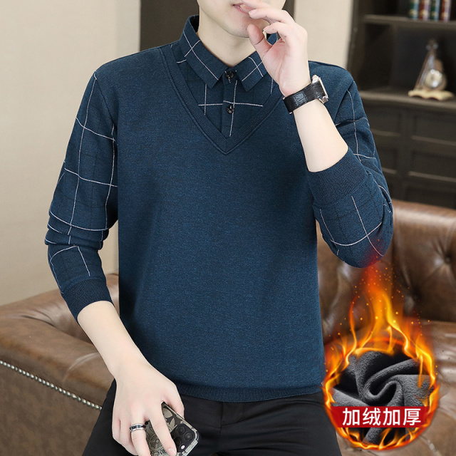 11211499.秋冬季男士假两件针织百搭衬衫领外套男毛衣内搭T恤