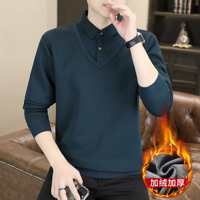 11211491.秋冬季男士假两件针织百搭衬衫领外套男毛衣内搭T恤