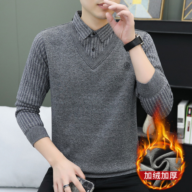 11211492.秋冬季男士假两件针织百搭衬衫领外套男毛衣内搭T恤