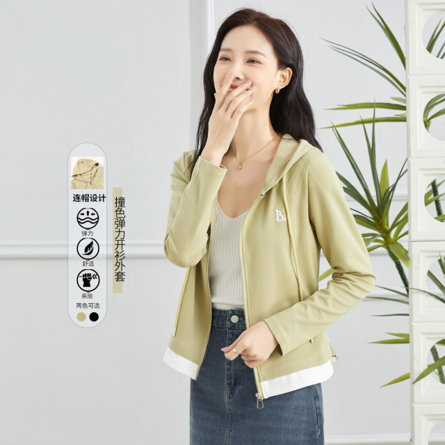 11216422.【专柜新品】【连帽打底衫】新款拼接撞色弹力开衫外套休闲百搭上衣女