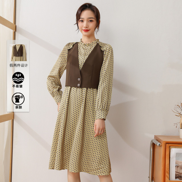 11215800.【专柜新品】【假两件】木耳领印花长袖撞色拼接马夹连衣裙