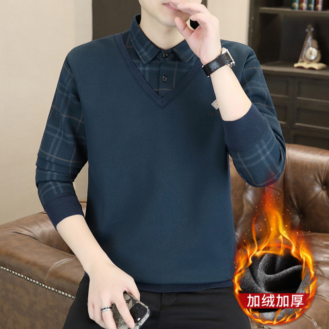 11211490.秋冬季男士假两件针织百搭衬衫领外套男毛衣内搭T恤