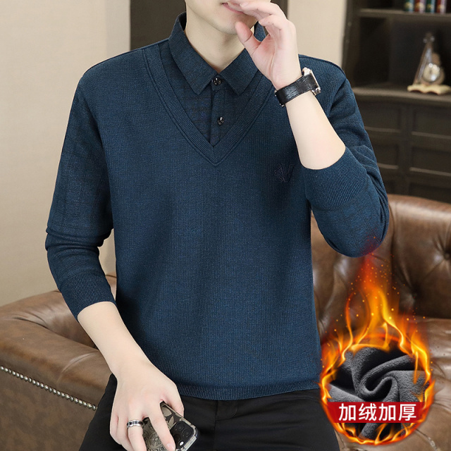 11211493.秋冬季男士假两件针织百搭衬衫领外套男毛衣内搭T恤