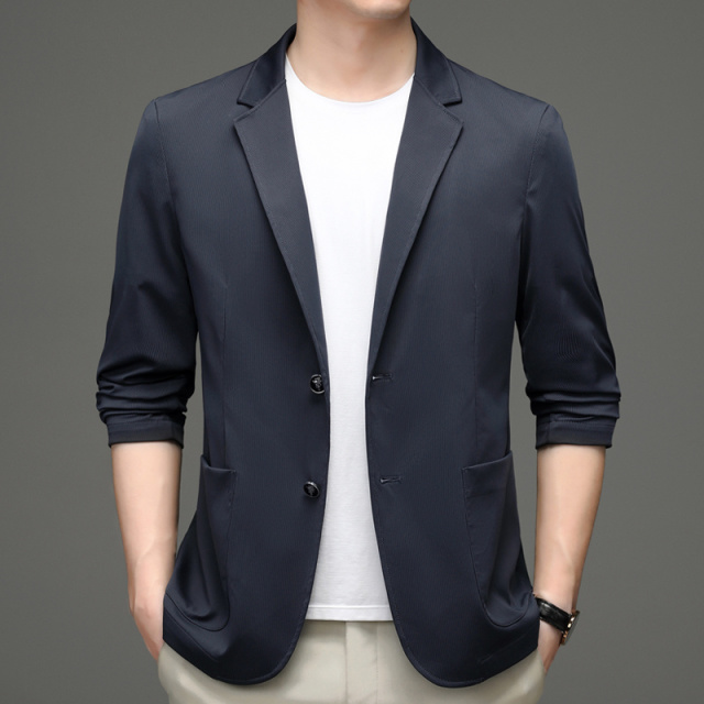 11220789.2023年秋新款男士西服外套抗皱免烫弹力纯色薄款