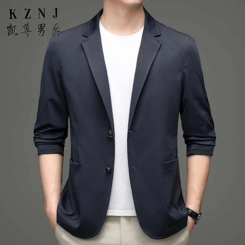 11220789.2023年秋新款男士西服外套抗皱免烫弹力纯色薄款