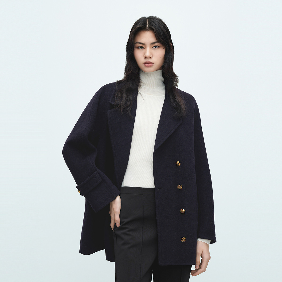 11263428.【商场同款】冬季新款高级简约一手长外套100%绵羊毛女士毛呢大衣