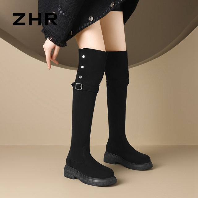 12734128.【ZHR则则】慕名而来●长筒靴[短绒]圆头套脚厚底女鞋[绒面]