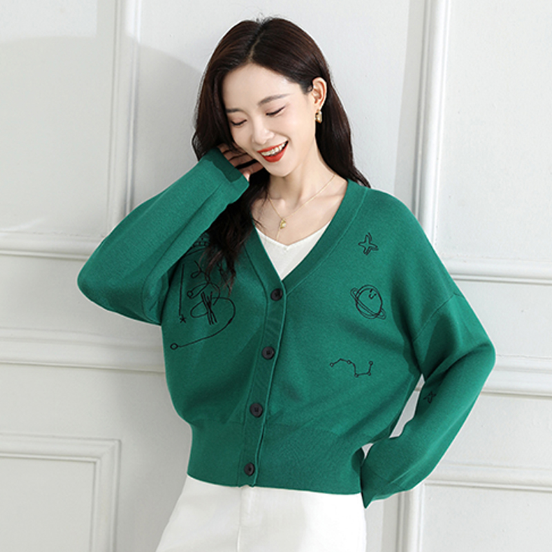 11232114.【专柜新品】春春季V领星球印花纯色开衫