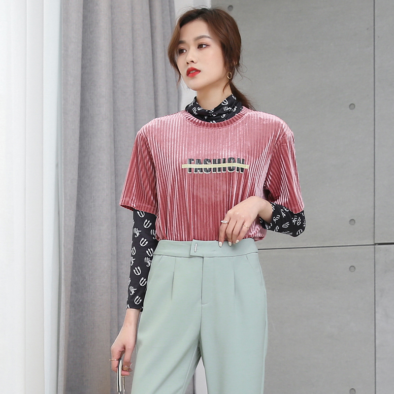 11232614.【专柜新品】灯芯绒字母图案圆领简约短袖T恤休闲减龄百搭女