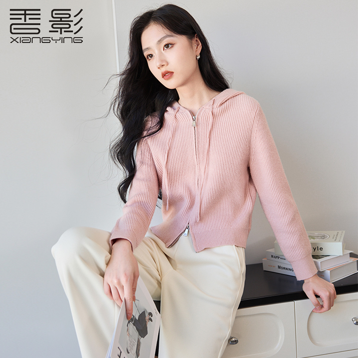 11266693.连帽针织开衫女宽松拉链软糯慵懒风毛衣外套