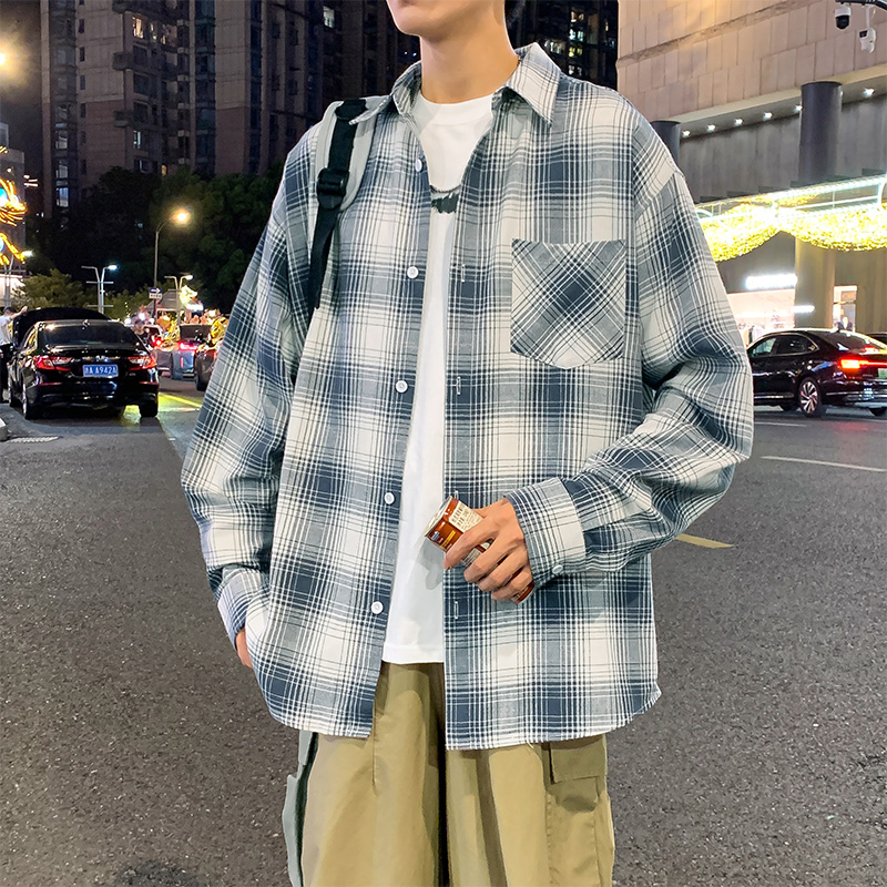 11247655.七玻威春秋男式新款格子学院风青少年宽松潮牌休闲长袖衬衫【七玻威男装1】