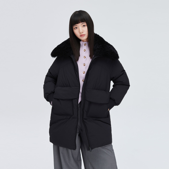 11264336.【商场同款】【芭莎羊毛毛领】百搭御寒鸭绒服秋冬保暖羊毛翻领羽绒服女中长款