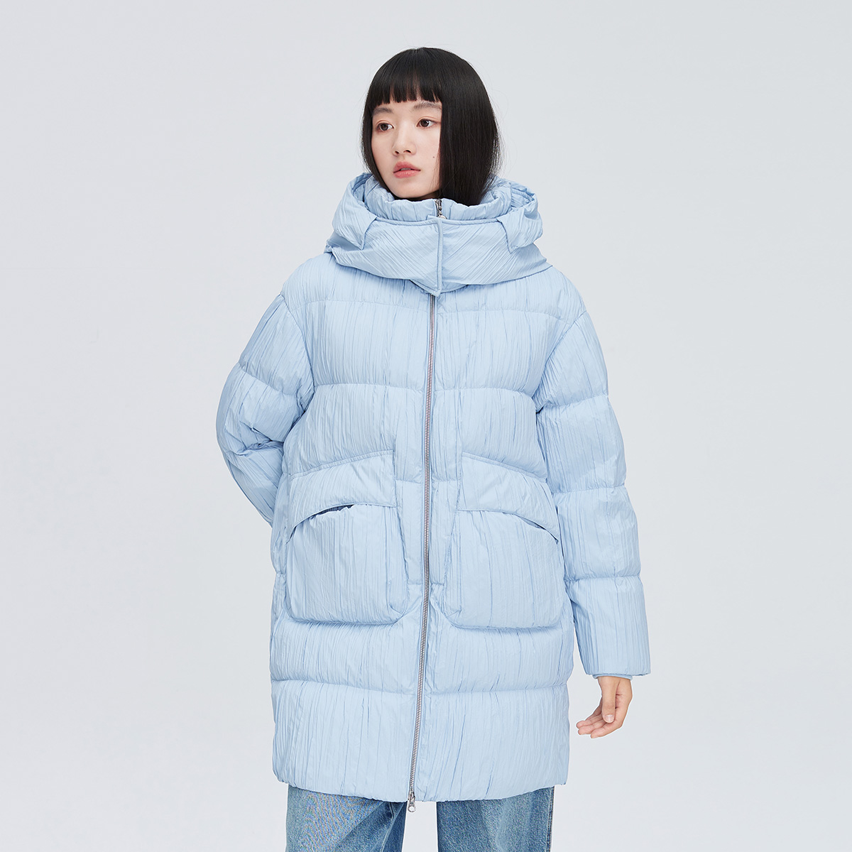 11264588.【商场同款】时尚贝壳抽褶中长款羽绒服女御寒连帽鸭绒服女式外套