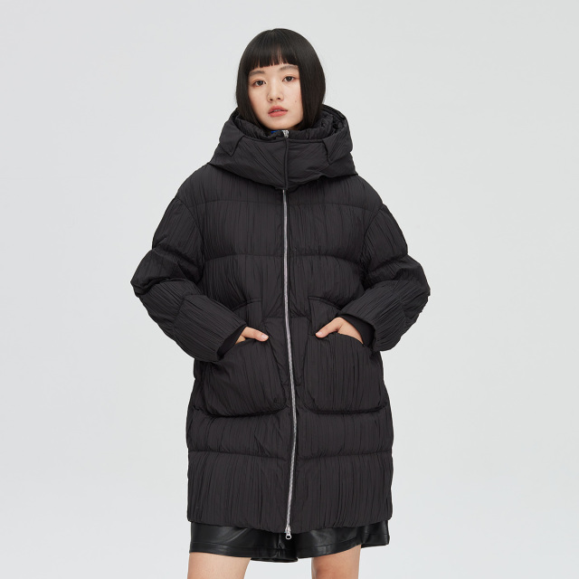 11264588.【商场同款】时尚贝壳抽褶中长款羽绒服女御寒连帽鸭绒服女式外套