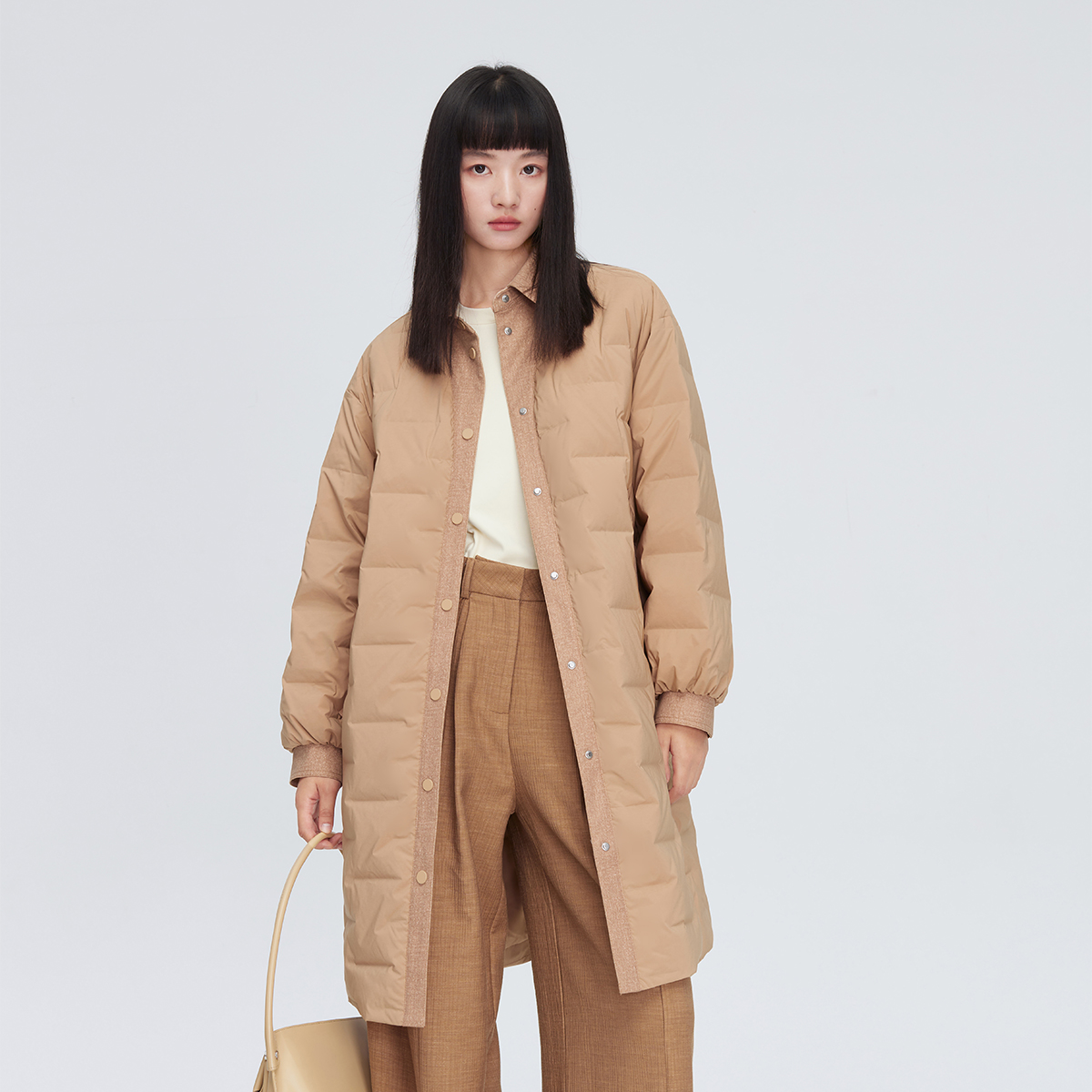 11264346.【商场同款】时尚衬衫式轻薄鸭绒外套女宽松百搭轻薄中长款羽绒服