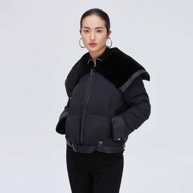 11264342.【商场同款】时尚拼接御寒保暖鹅绒外套短款翻领羽绒服女女式鹅绒服