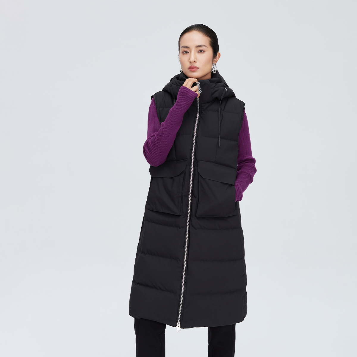 11264584.【商场同款】长款羽绒服女无袖马甲上衣御寒宽松鹅绒服外套女