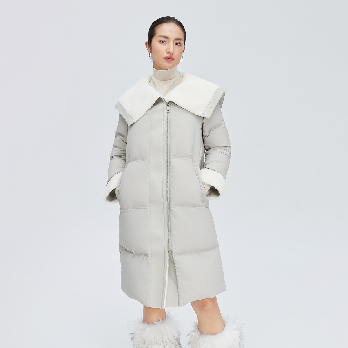 11264327.【商场同款】时尚减龄海军领中长款羽绒服女御寒加厚鹅绒服外套