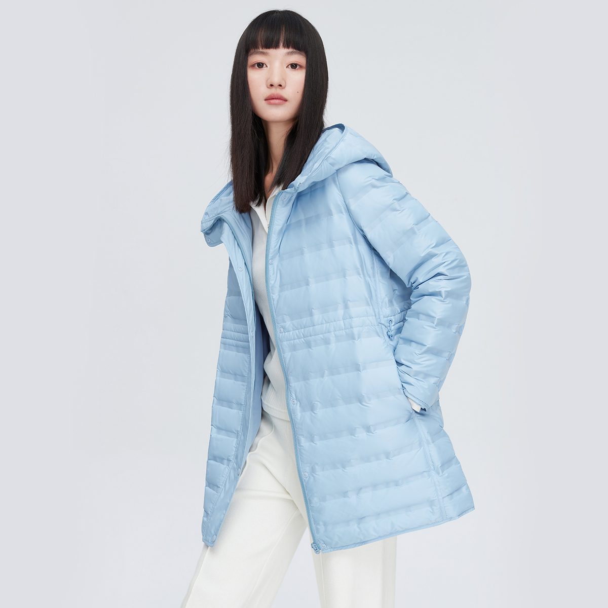11264337.【商场同款】0压直充轻薄羽绒女中长款保暖鸭绒服连帽收腰外套女