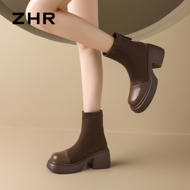 12734034.【ZHR则则】弹力短靴[短绒]圆头后拉链厚底女鞋[绒面+PU]