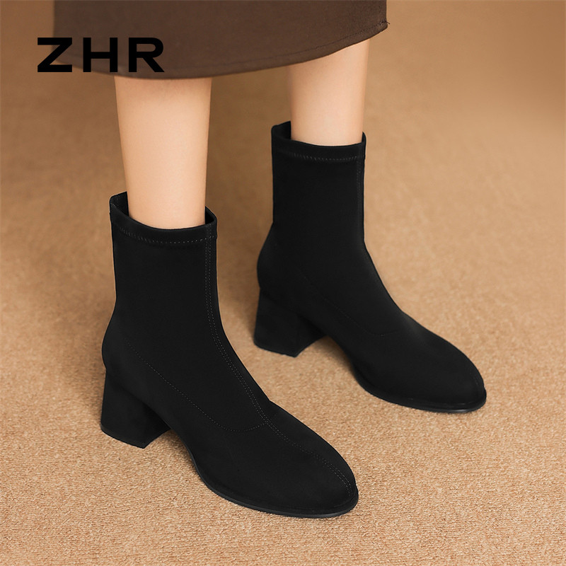 12733964.【ZHR则则】弹力靴[短绒]圆头套脚厚底女鞋[绒布]