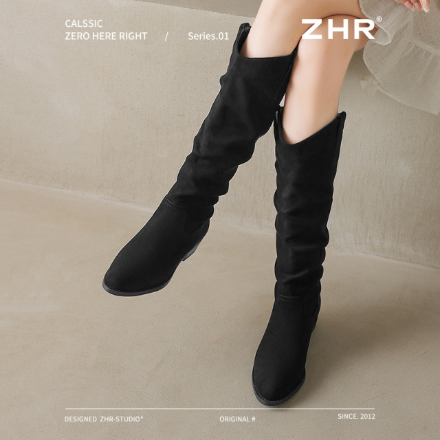 12733996.【ZHR则则】长筒靴[短绒]尖头套脚厚底女鞋[绒面]