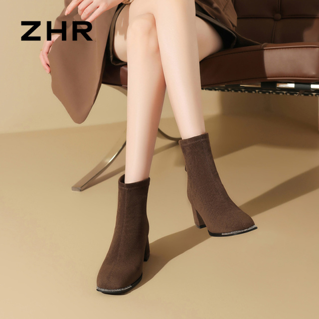 12734053.【ZHR则则】粗跟短靴[短绒]方头后拉链中跟女鞋[绒布]
