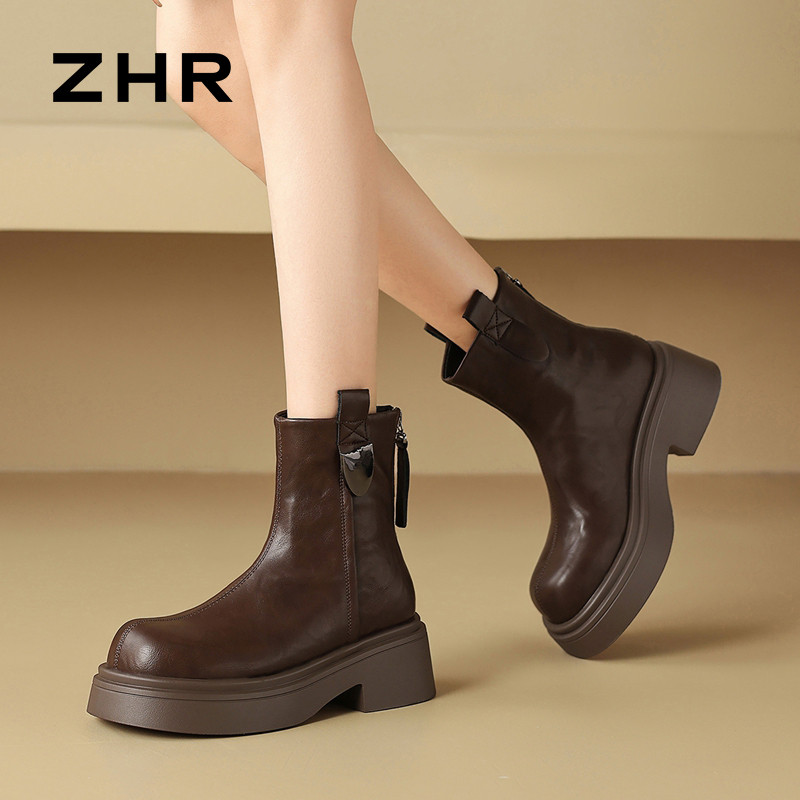 12734044.【ZHR则则】厚底短靴[短绒]圆头后拉链中跟女鞋[PU]