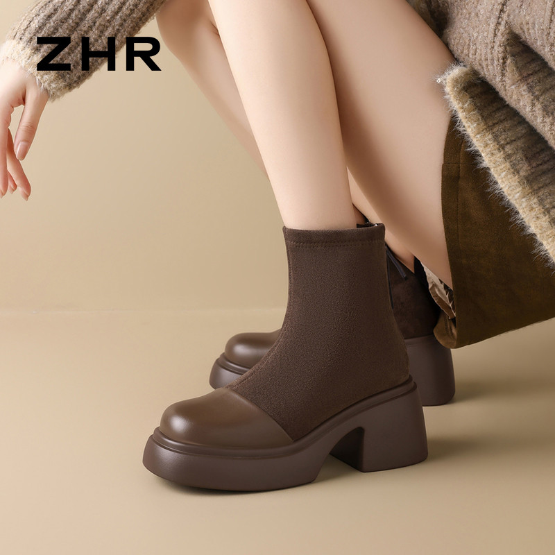 12734034.【ZHR则则】弹力短靴[短绒]圆头后拉链厚底女鞋[绒面+PU]