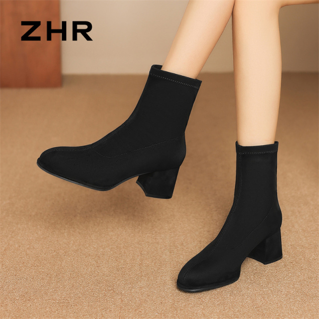 12733964.【ZHR则则】弹力靴[短绒]圆头套脚厚底女鞋[绒布]