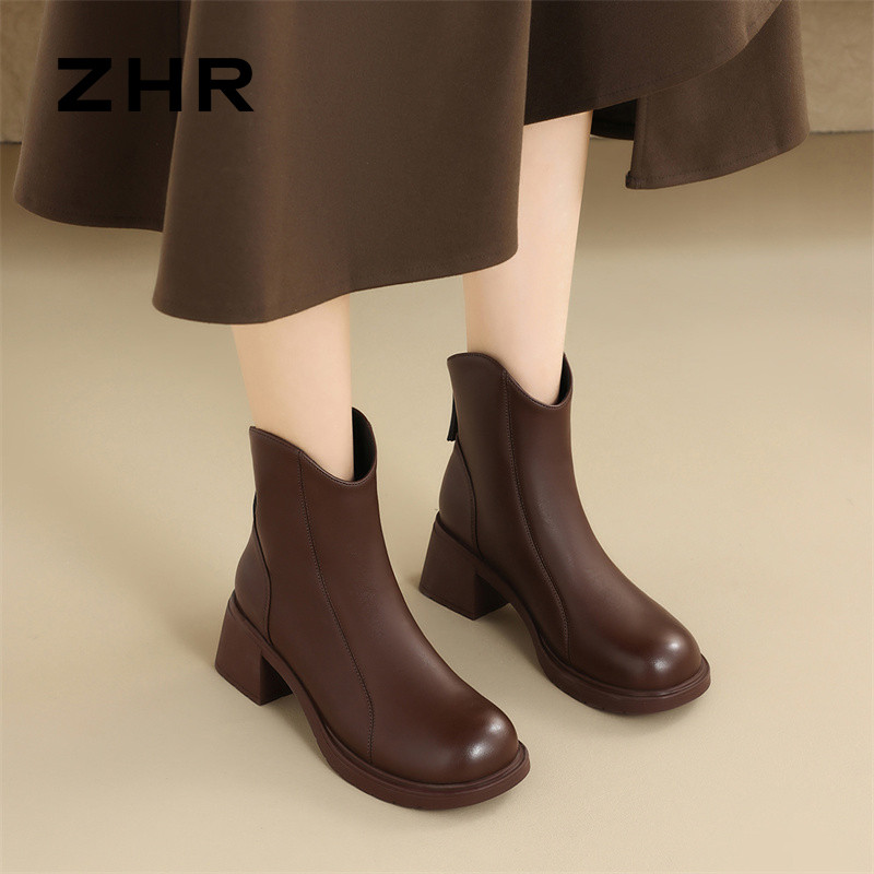 12733963.【ZHR则则】厚底短靴[短绒]圆头后拉链中跟女鞋[PU]