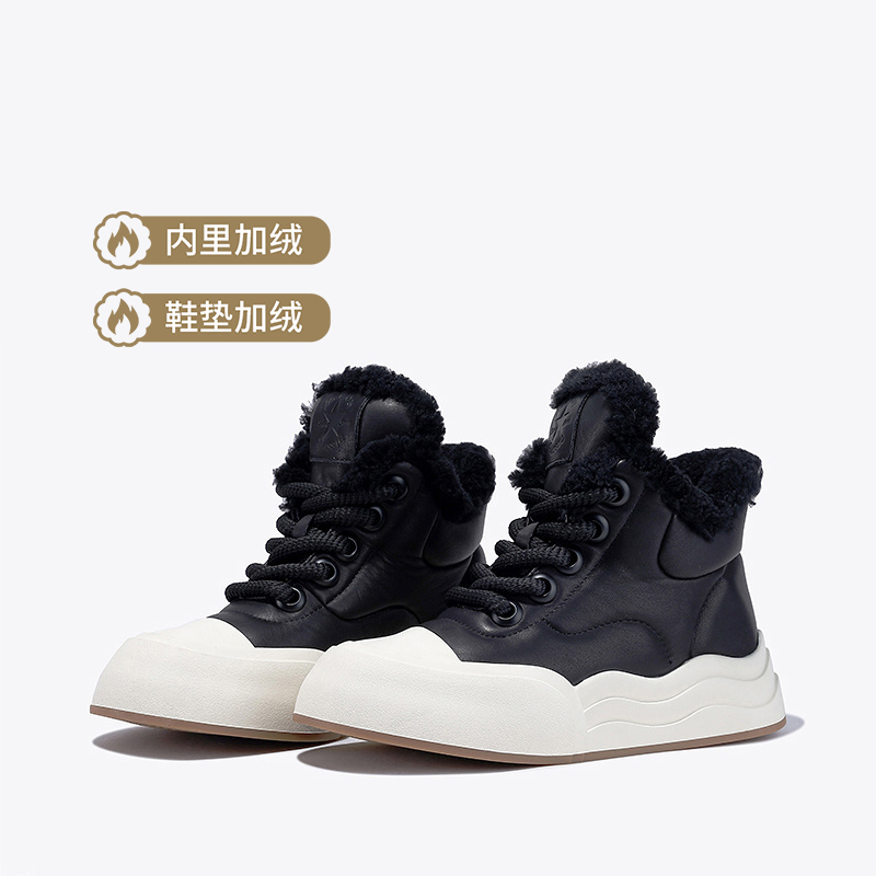 11279032.BellaLily2023冬季新款羊毛高帮加绒女鞋牛皮厚底板鞋增高休闲鞋