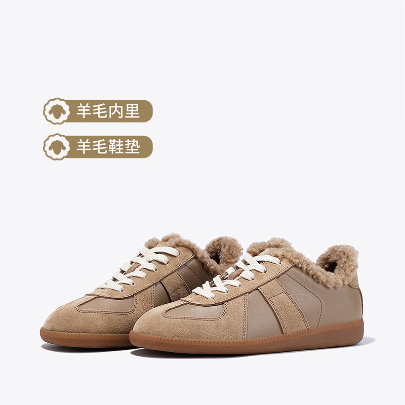11278824.BellaLily2023冬季新款牛皮加绒德训鞋女羊毛加厚板鞋街头休闲鞋