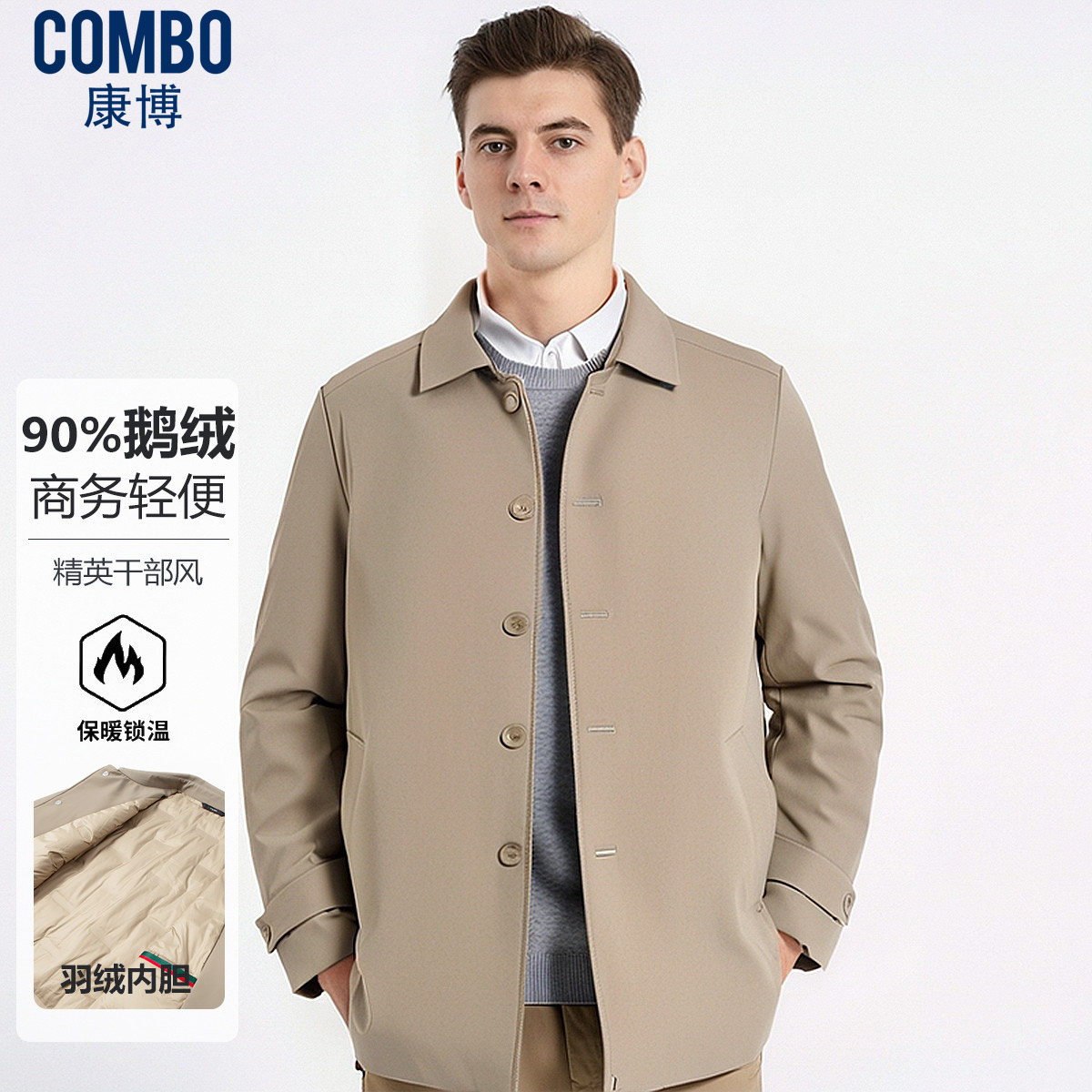 12148150.【90鹅绒风衣】冬季商务翻领单排扣中长款羽绒服男