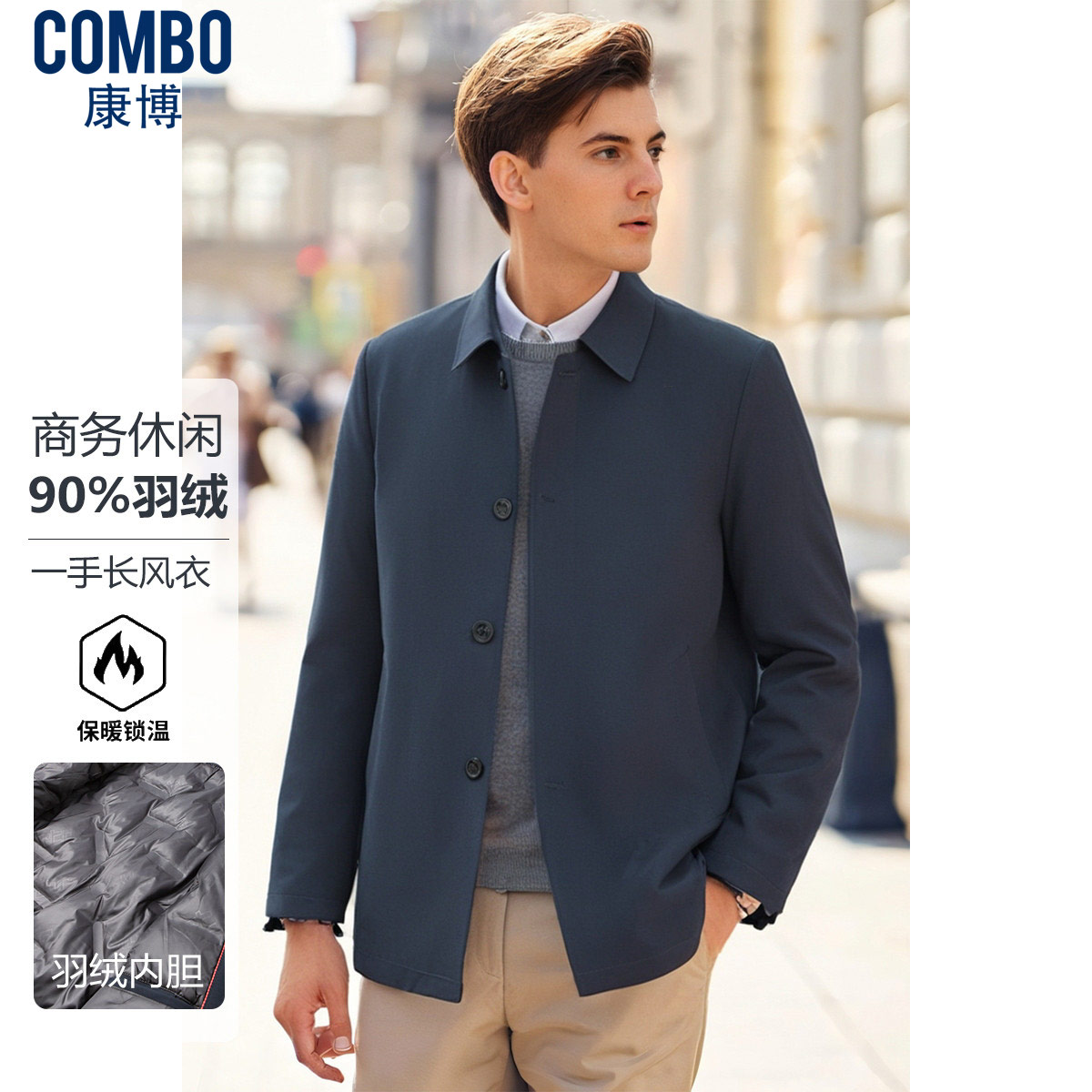 12148116.【优选90鸭绒】秋冬商务单排扣一手长风衣版羽绒服男