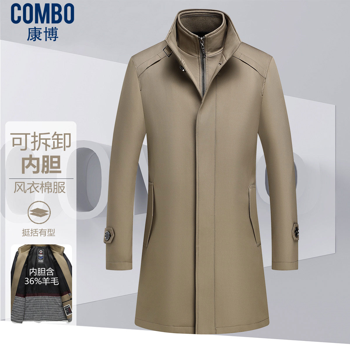 12148058.【可拆卸】秋冬经典商务立领单排扣中长款棉服男