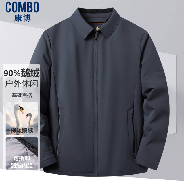 12148144.【可拆卸鹅绒内胆】冬季商务小翻领基础拉链款羽绒服男