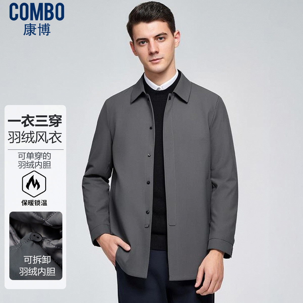 12148138.【一衣三穿羽绒风衣】冬季保暖可拆卸马甲中长款羽绒服男