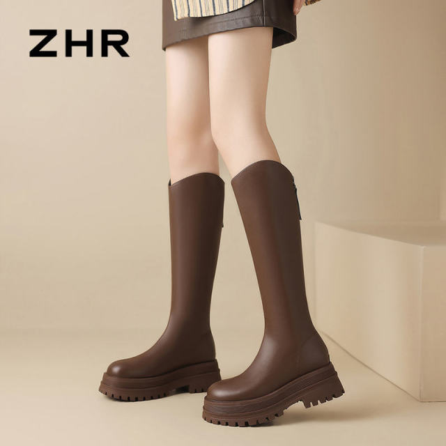 12734434.【ZHR则则】长筒靴[单里短绒可选]圆头后拉链中跟女鞋[PU]