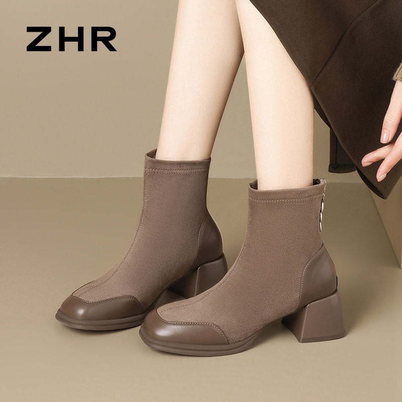 13835650.【ZHR则则】粗跟短靴[短绒]方头后拉链中跟女鞋[绒面+PU]