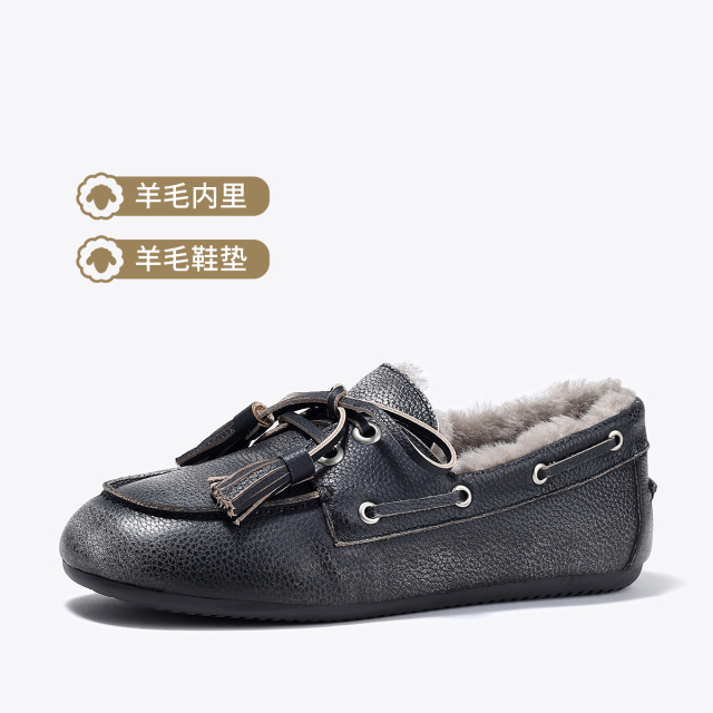 11300434.BellaLily2024冬季气质牛皮加绒平底鞋舒适单鞋蝴蝶结流苏乐福鞋