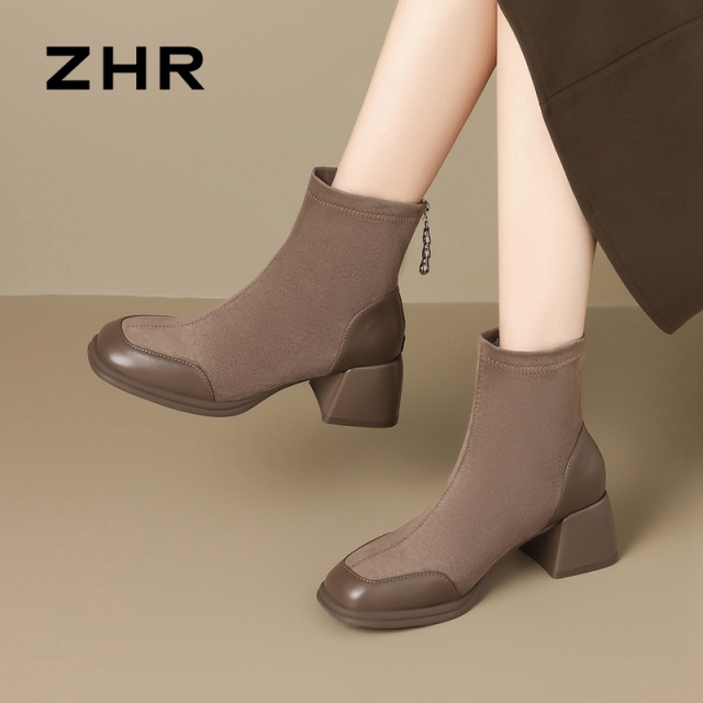 13835650.【ZHR则则】粗跟短靴[短绒]方头后拉链中跟女鞋[绒面+PU]