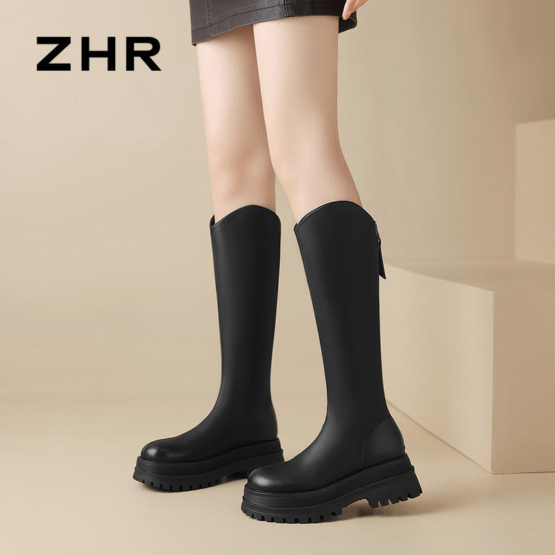 12734434.【ZHR则则】长筒靴[单里短绒可选]圆头后拉链中跟女鞋[PU]