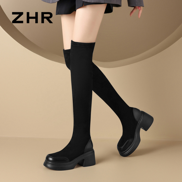 12734451.【ZHR则则】长筒靴[短绒]圆头套脚厚底女鞋[绒面+PU]