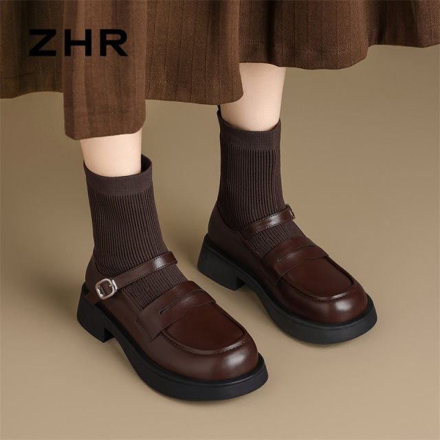 12734314.【ZHR则则】袜靴[短绒]圆头套脚厚底女鞋[哑光黑/棕色：超纤+飞织布，镜面黑：PU+飞织布]