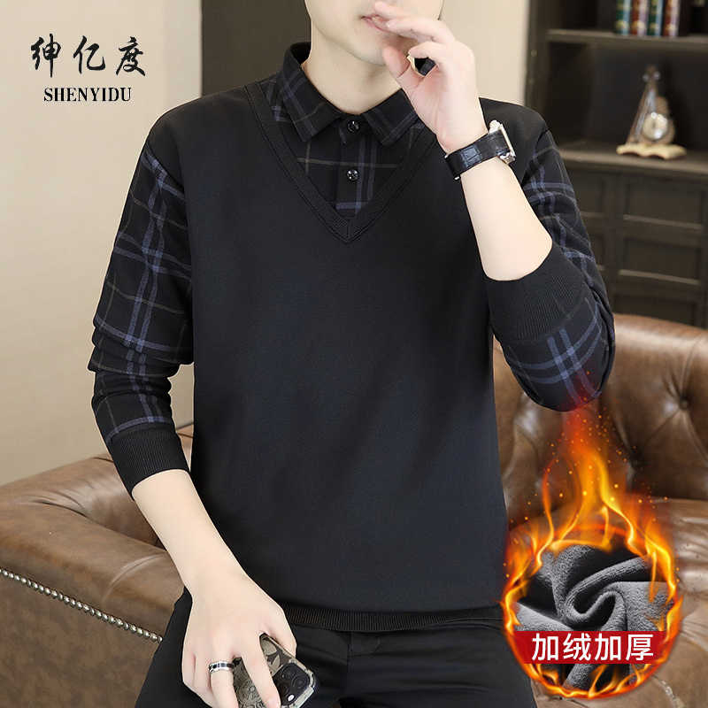 11317409.秋冬季男士假两件针织百搭衬衫领外套男毛衣内搭T恤