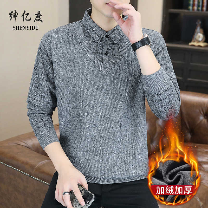 11317412.秋冬季男士假两件针织百搭衬衫领外套男毛衣内搭T恤